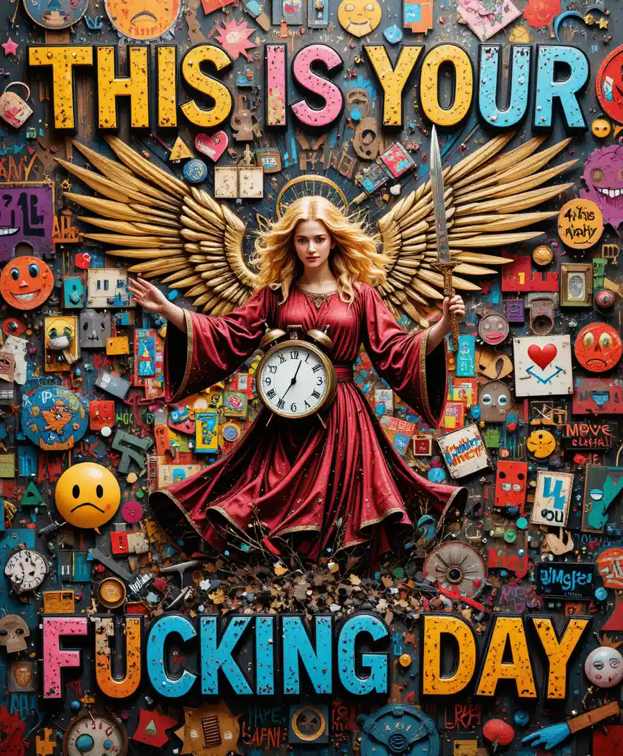Golden haired angel with sword and clock amid wild text