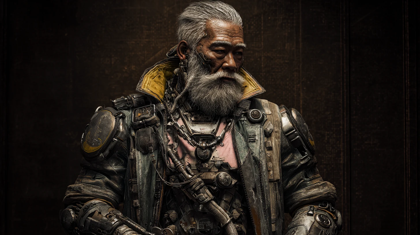 Grizzled Asian Cyborg Commander With Mechanical Torso