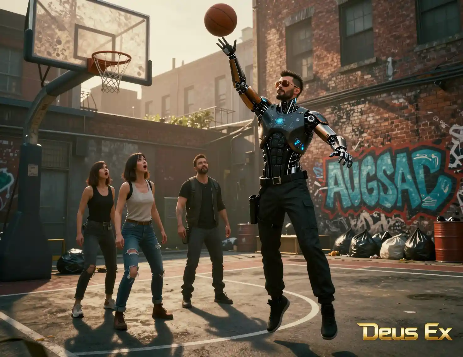 Augmented man shooting basketball in gritty urban alley court