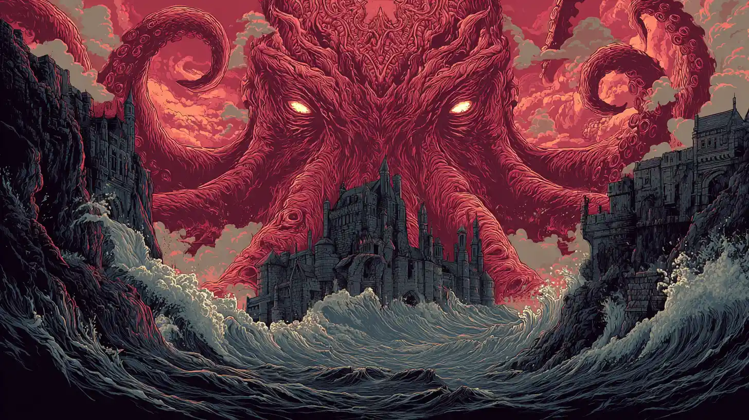 Uralter Kraken erhebt sich aus stürmischer See vor Ruinen