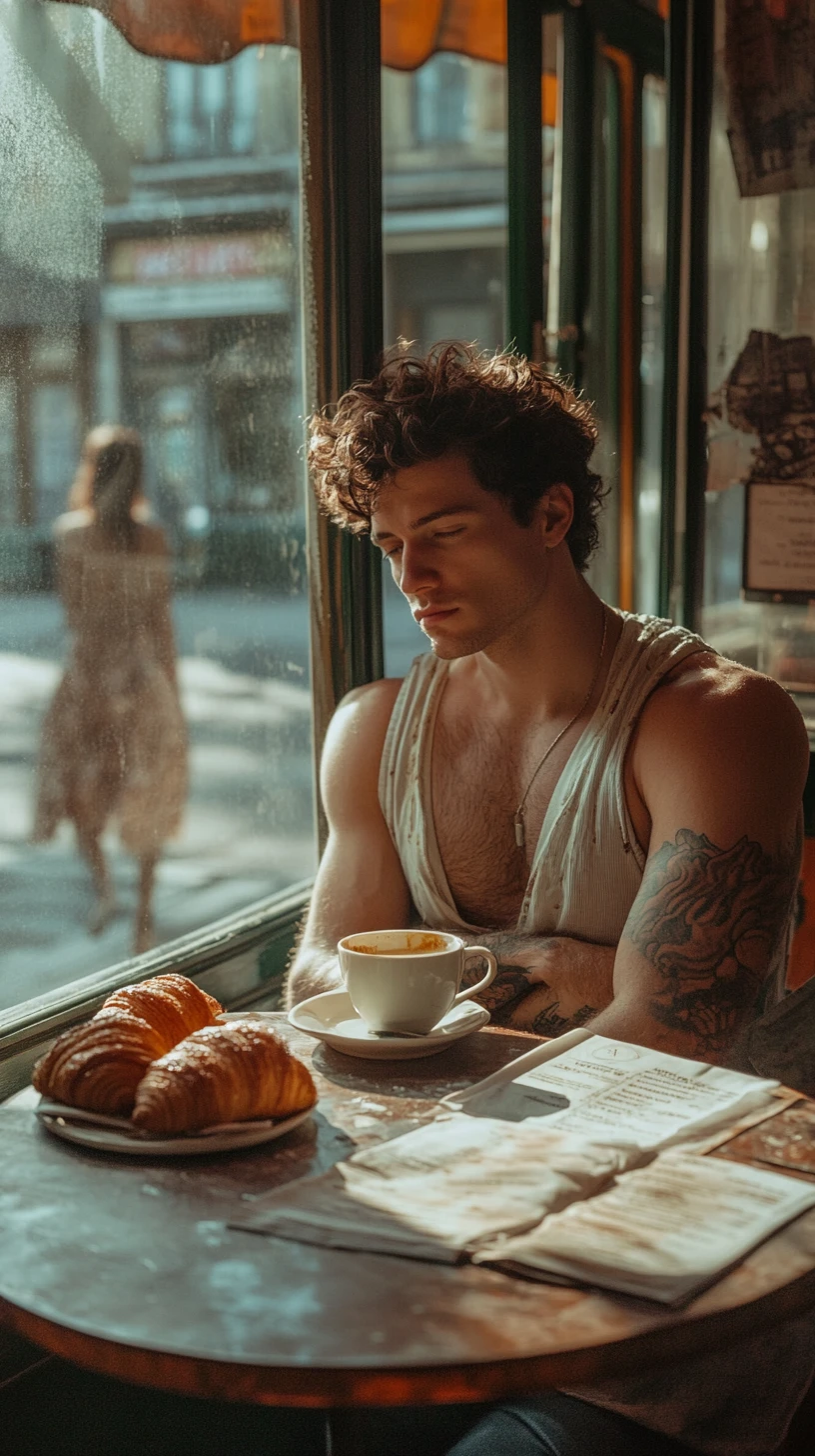 Uomo tatuato da solo in una tavola calda vintage con caffè