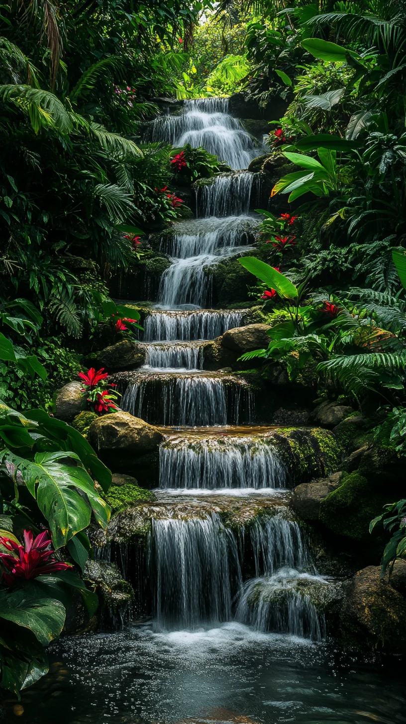 Cascata a più livelli in una lussureggiante piscina di giungla tropicale