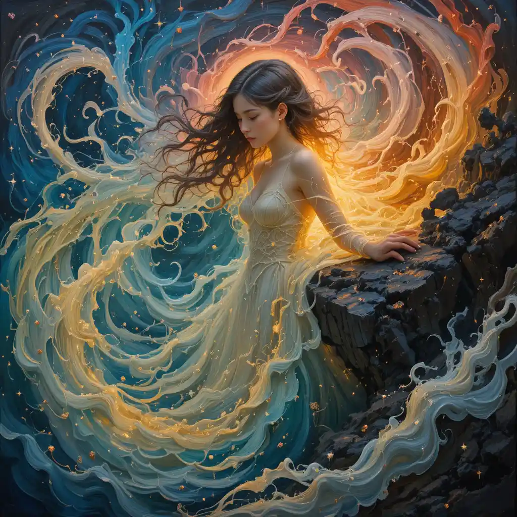 Teenage girl dissolving into a luminous ocean of color