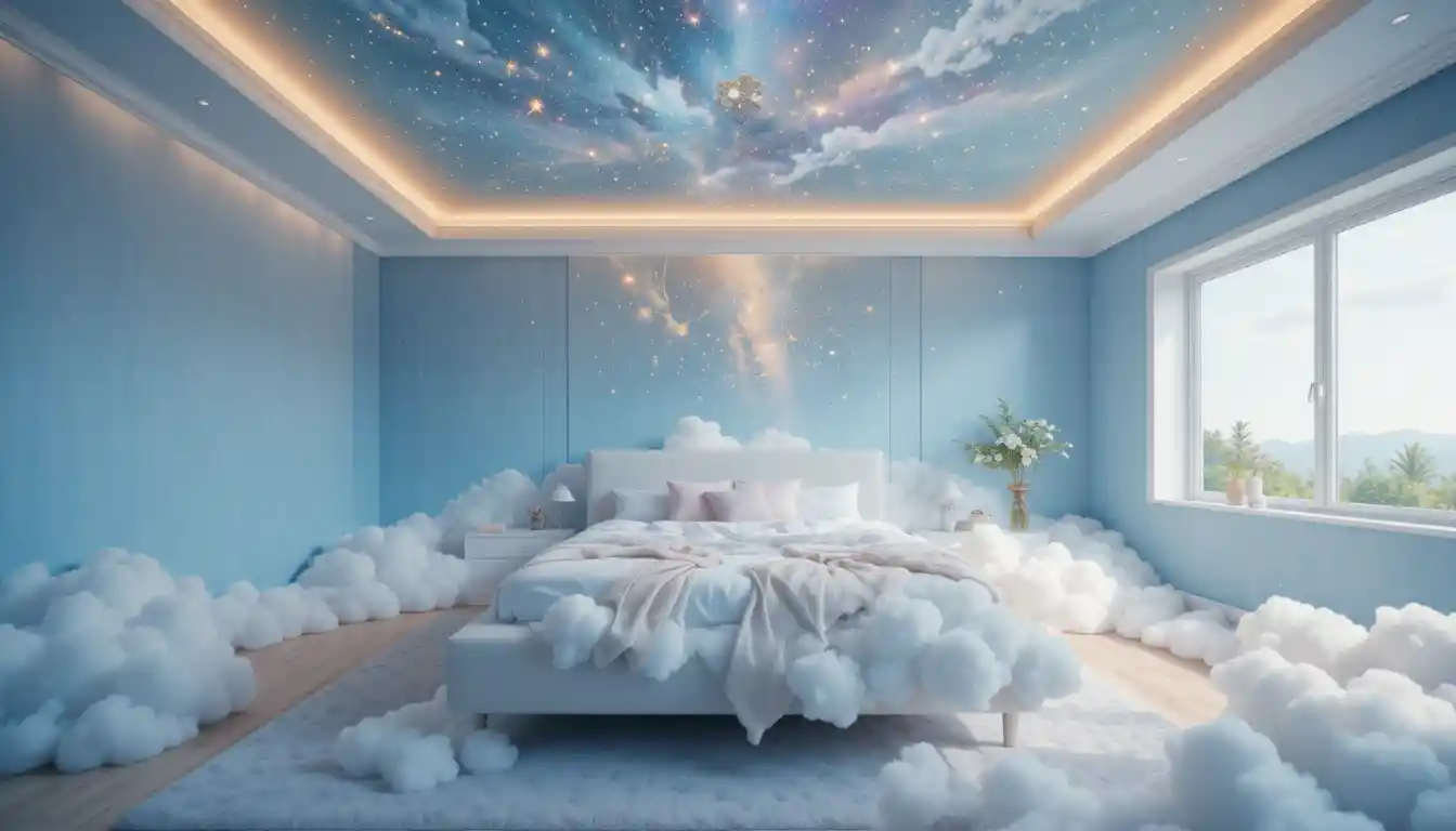 Letto di nuvole da sogno in una serena camera da letto blu cielo