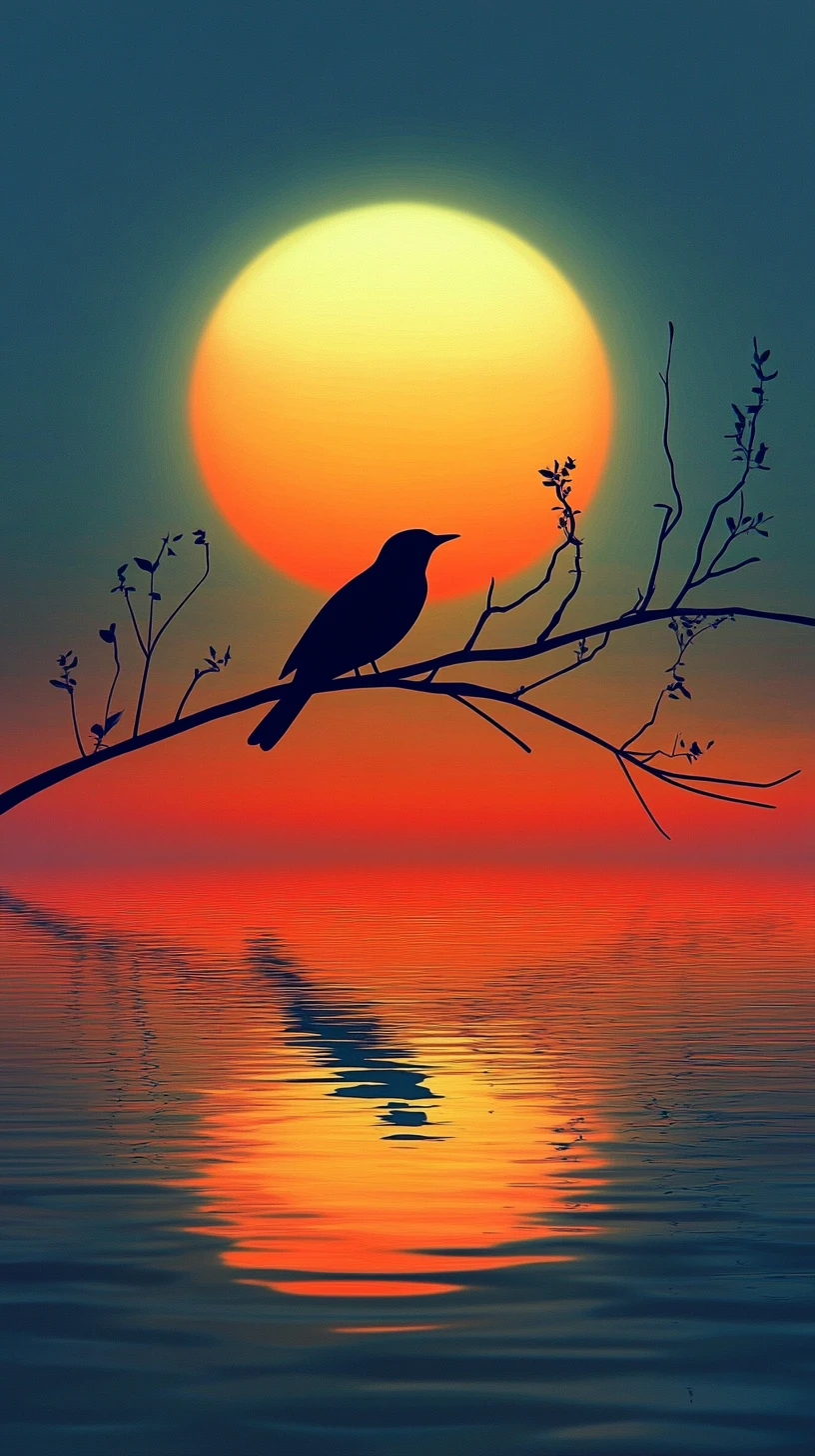 Silhouetted Bird Against Glowing Sun Over Still Water