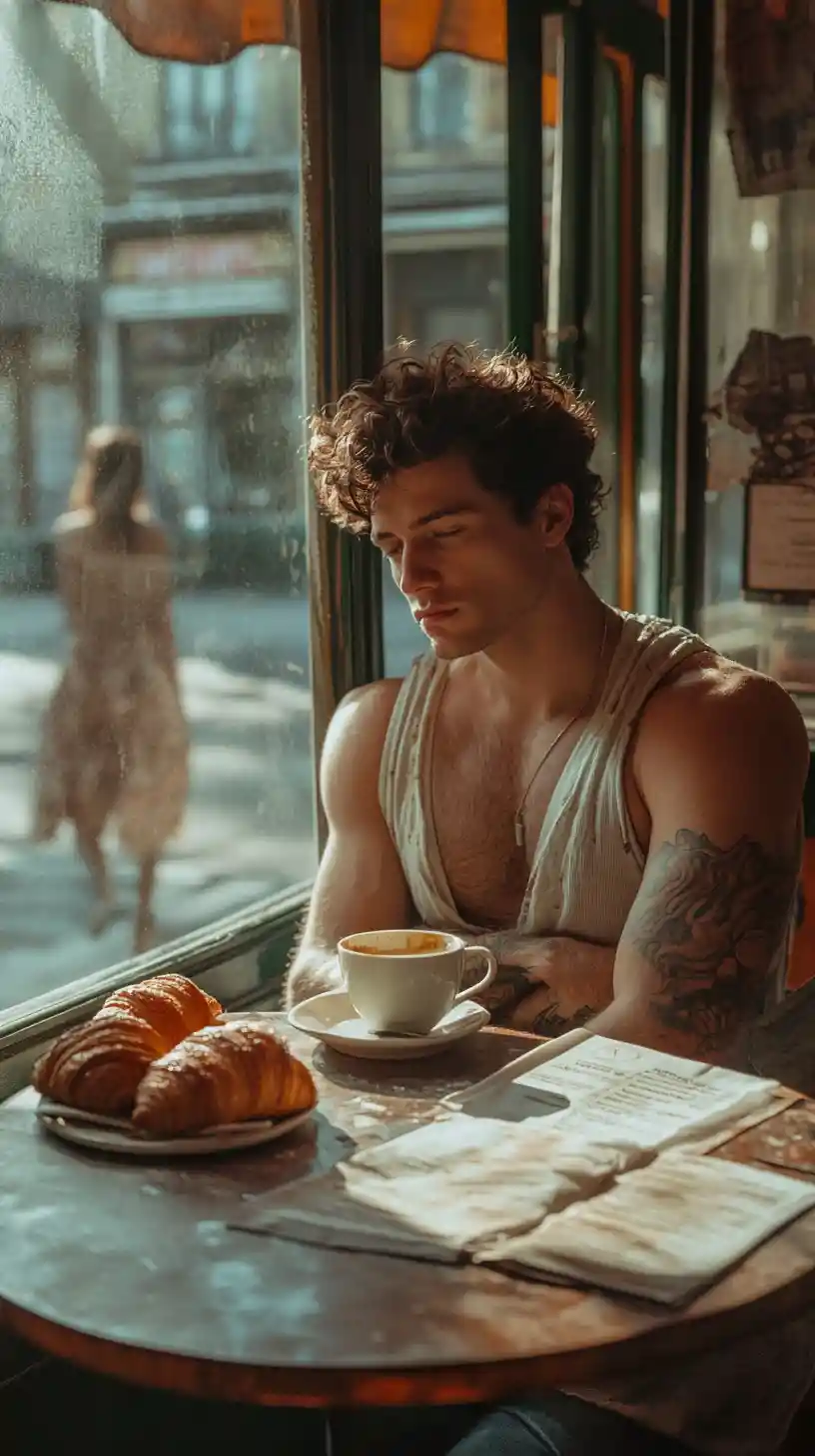 Tätowierter Mann allein in einem Vintage-Diner mit Kaffee