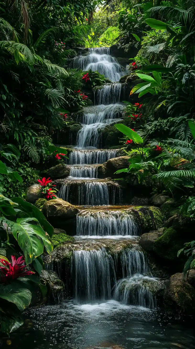 Cachoeira em múltiplos níveis em piscina de selva tropical exuberante