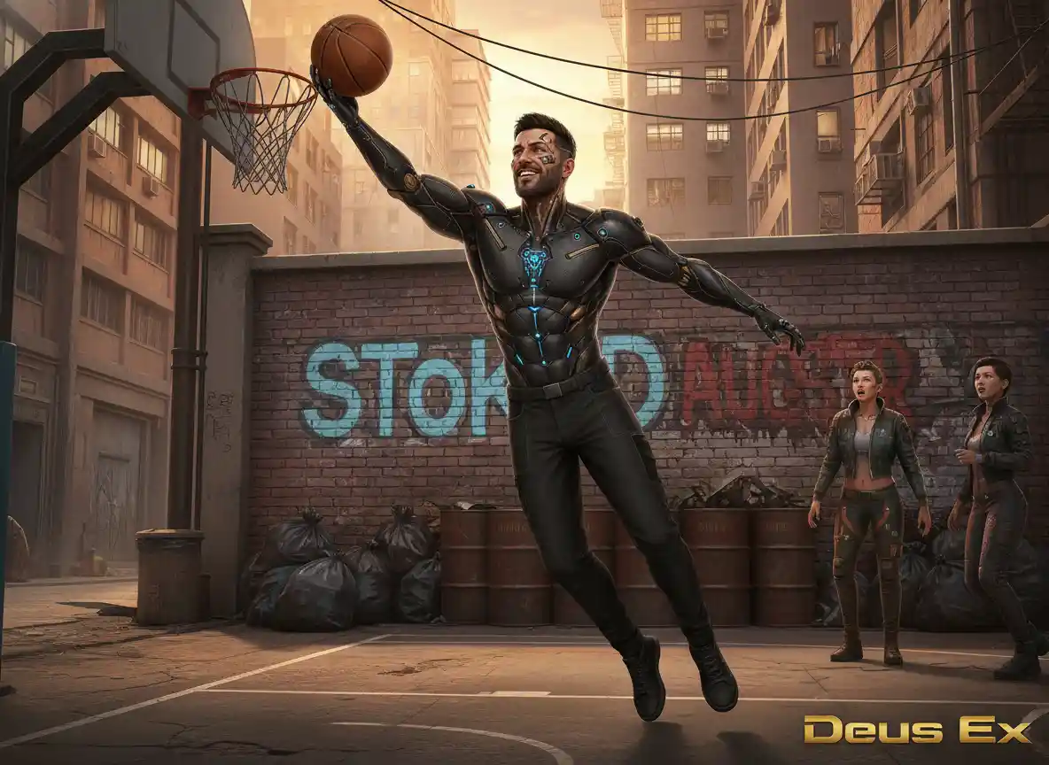 Augmented man shooting basketball in urban alley court
