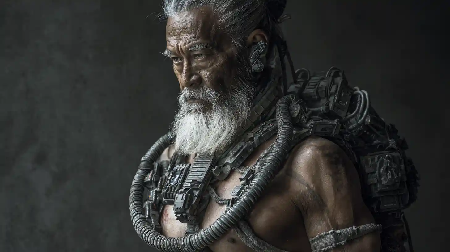 Comandante cyborg cyberpunk incanutito con torso meccanico