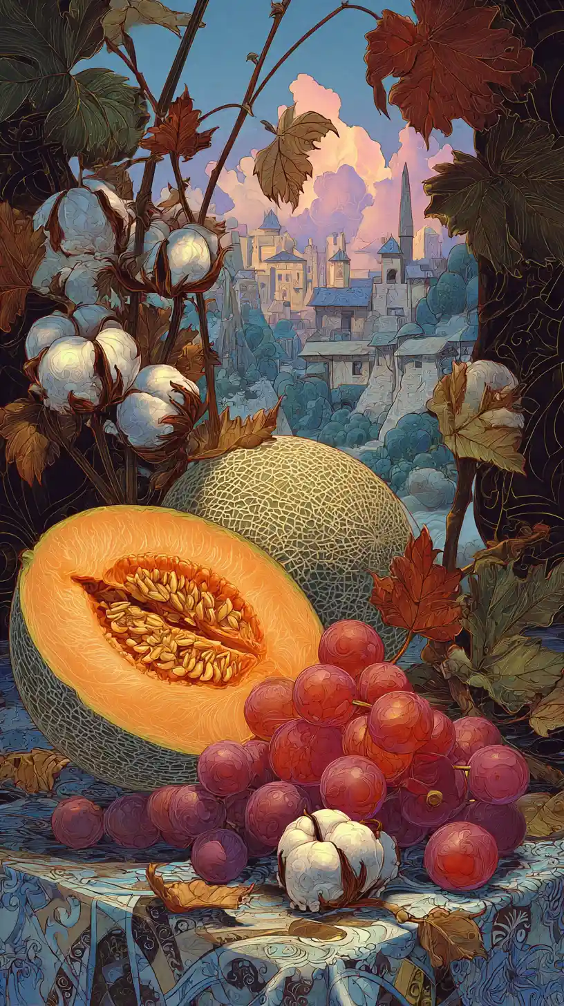 Natura morta con melone cantalupo e uva su tovaglia fantasia
