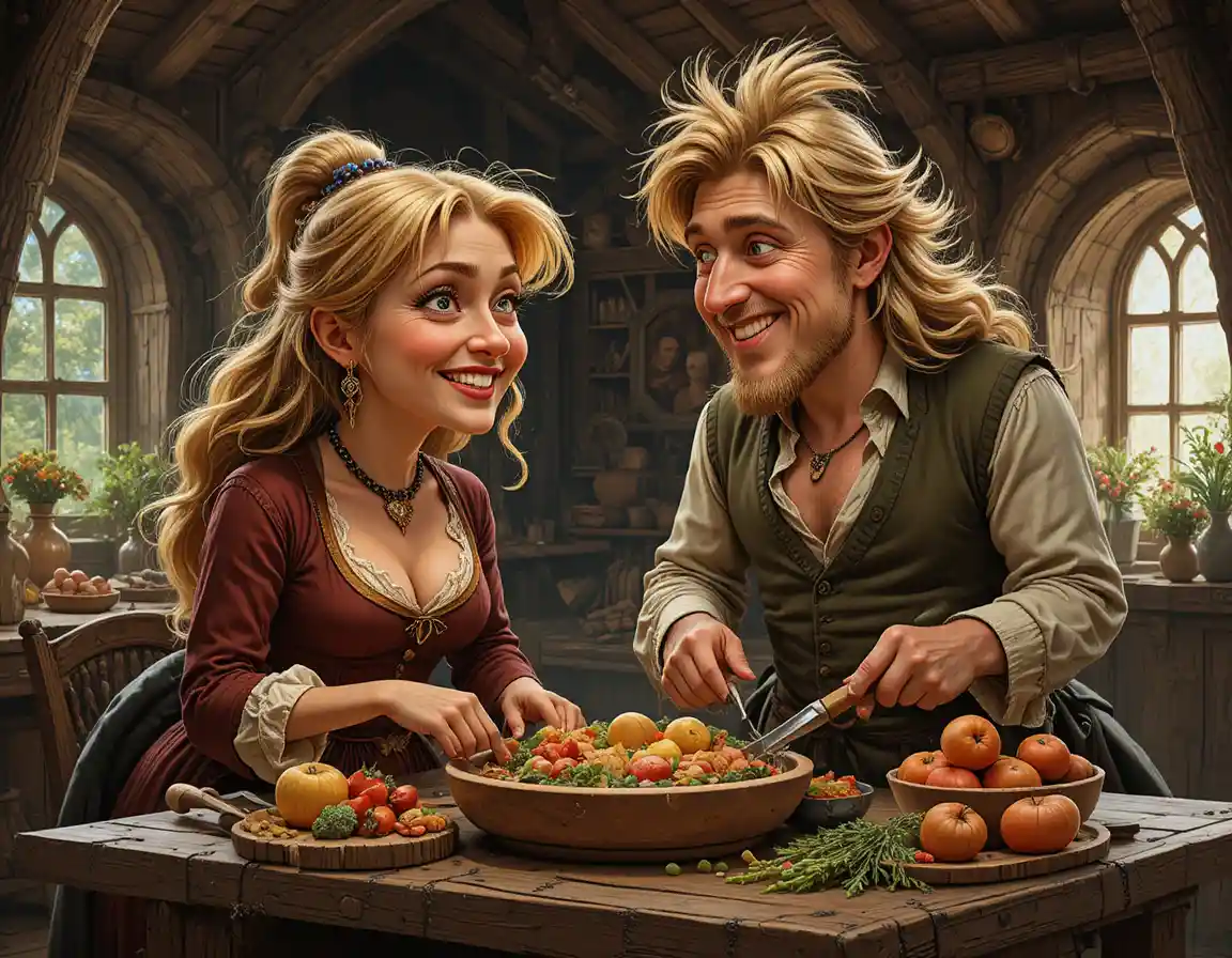 Middle aged farmers in a rustic medieval style kitchen