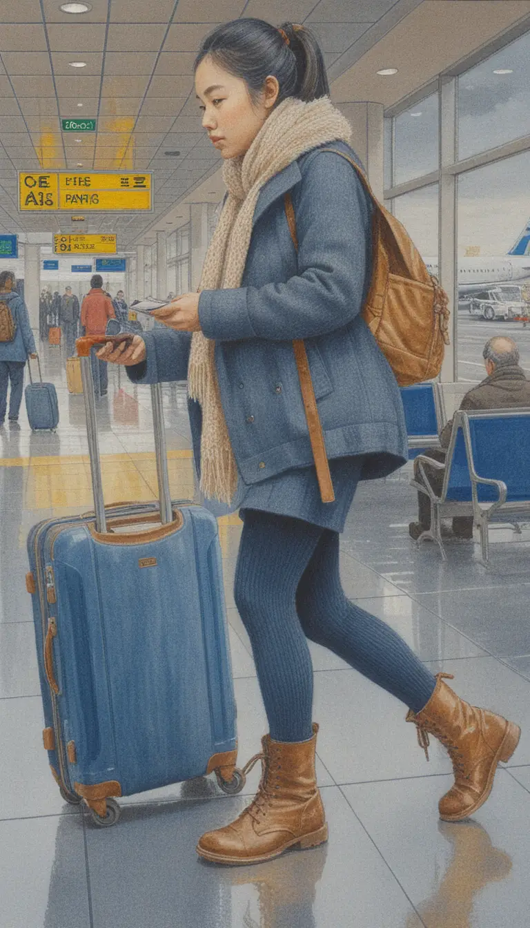 붐비는 공항 터미널을 걷는 아시아 여성 그림