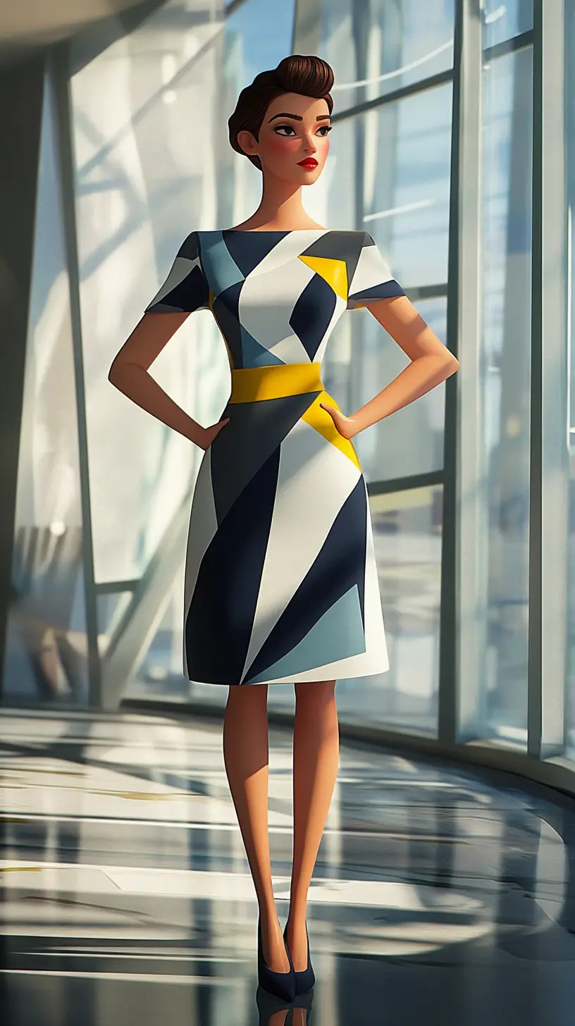 Elegant woman in geometric dress in modern glass lobby