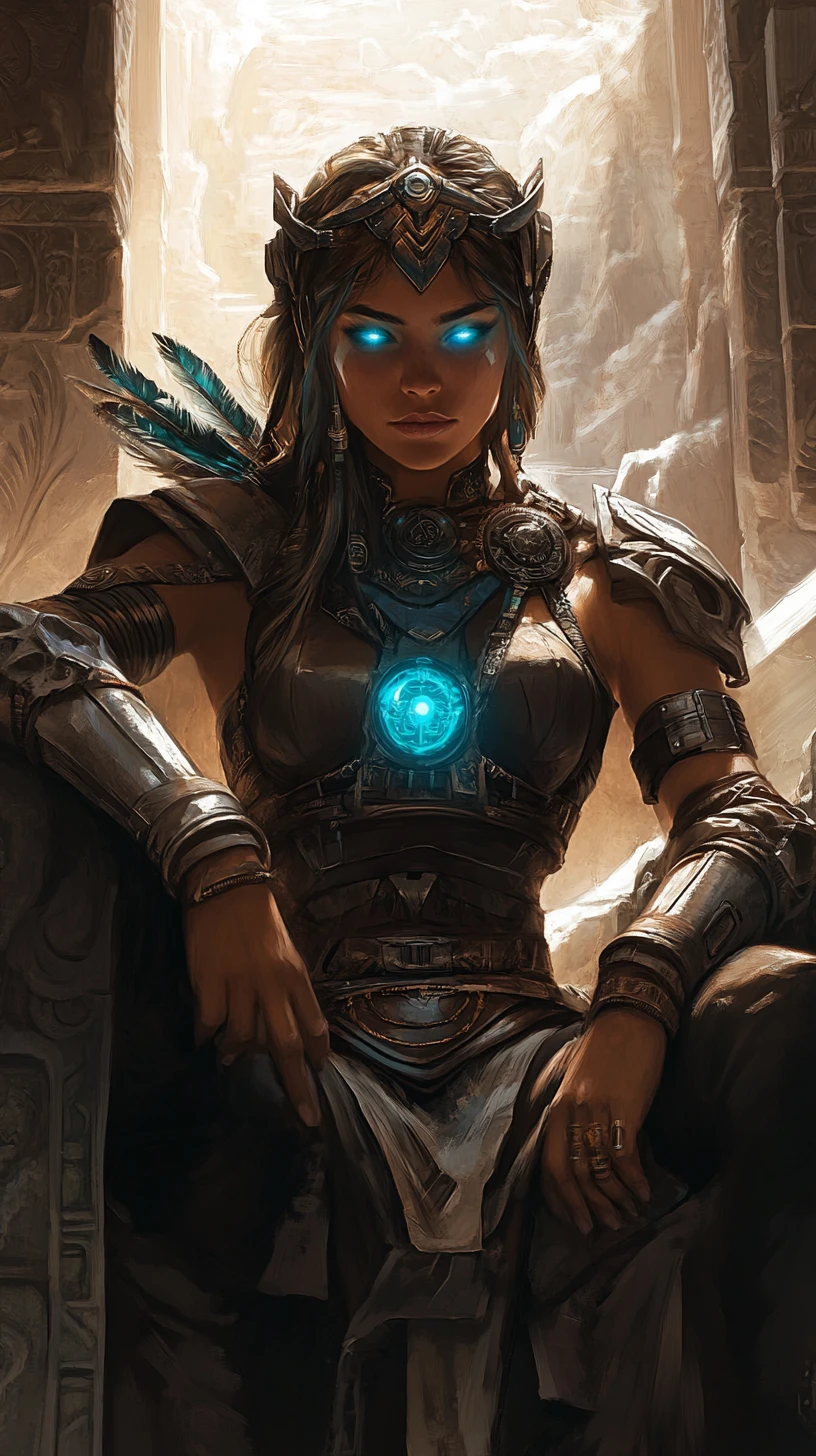 Blue eyed warrior queen on a carved stone throne
