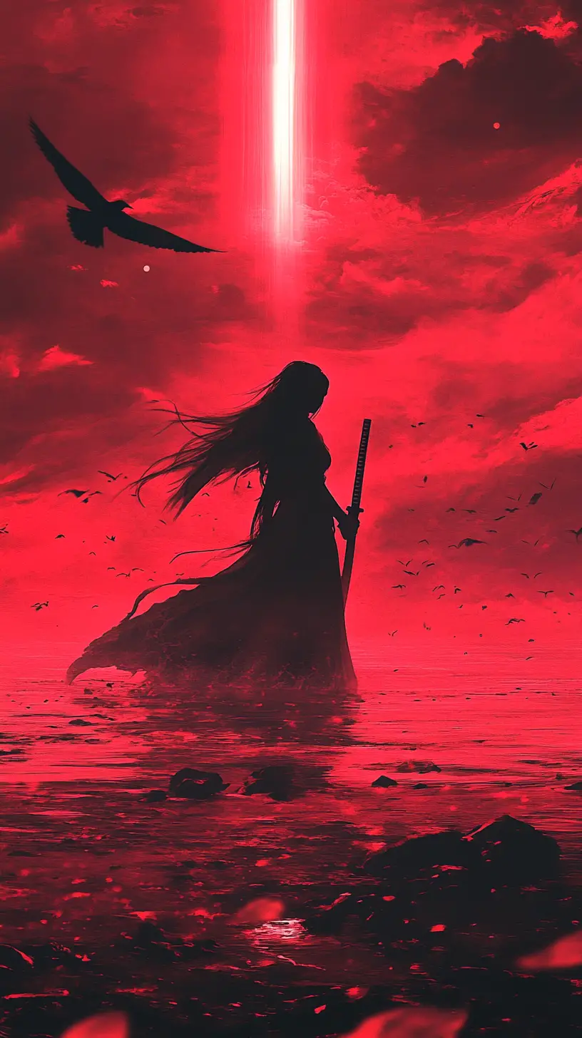 Femme avec katana dans une eau cramoisie sous un ciel inquiétant