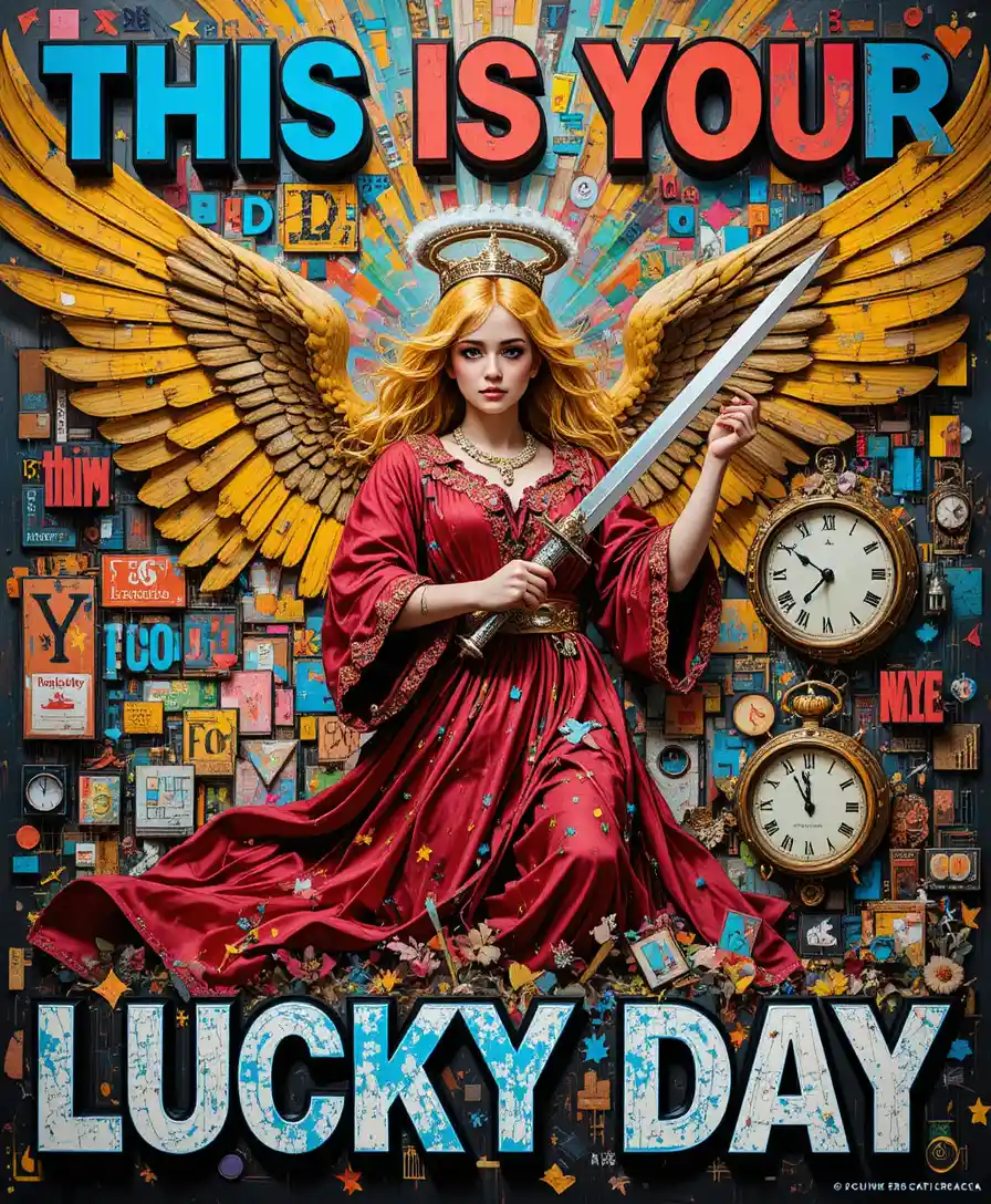 Golden haired angel with sword amid wild lucky day text