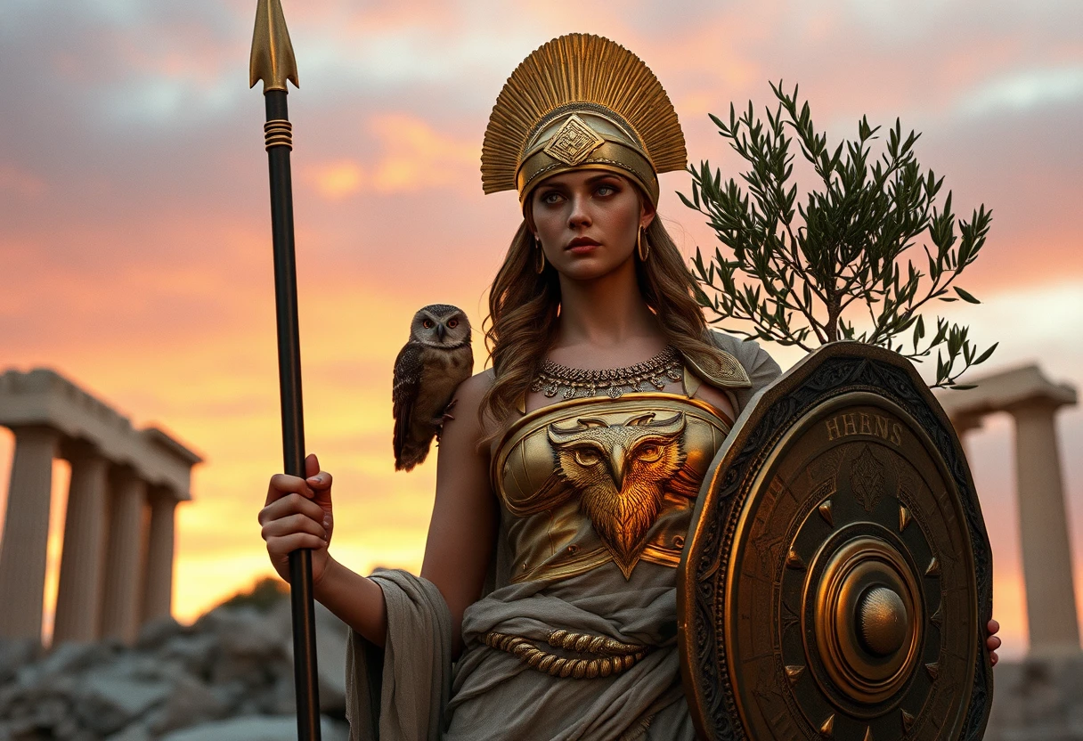 Athena goddess portrait amid ruins at twilight