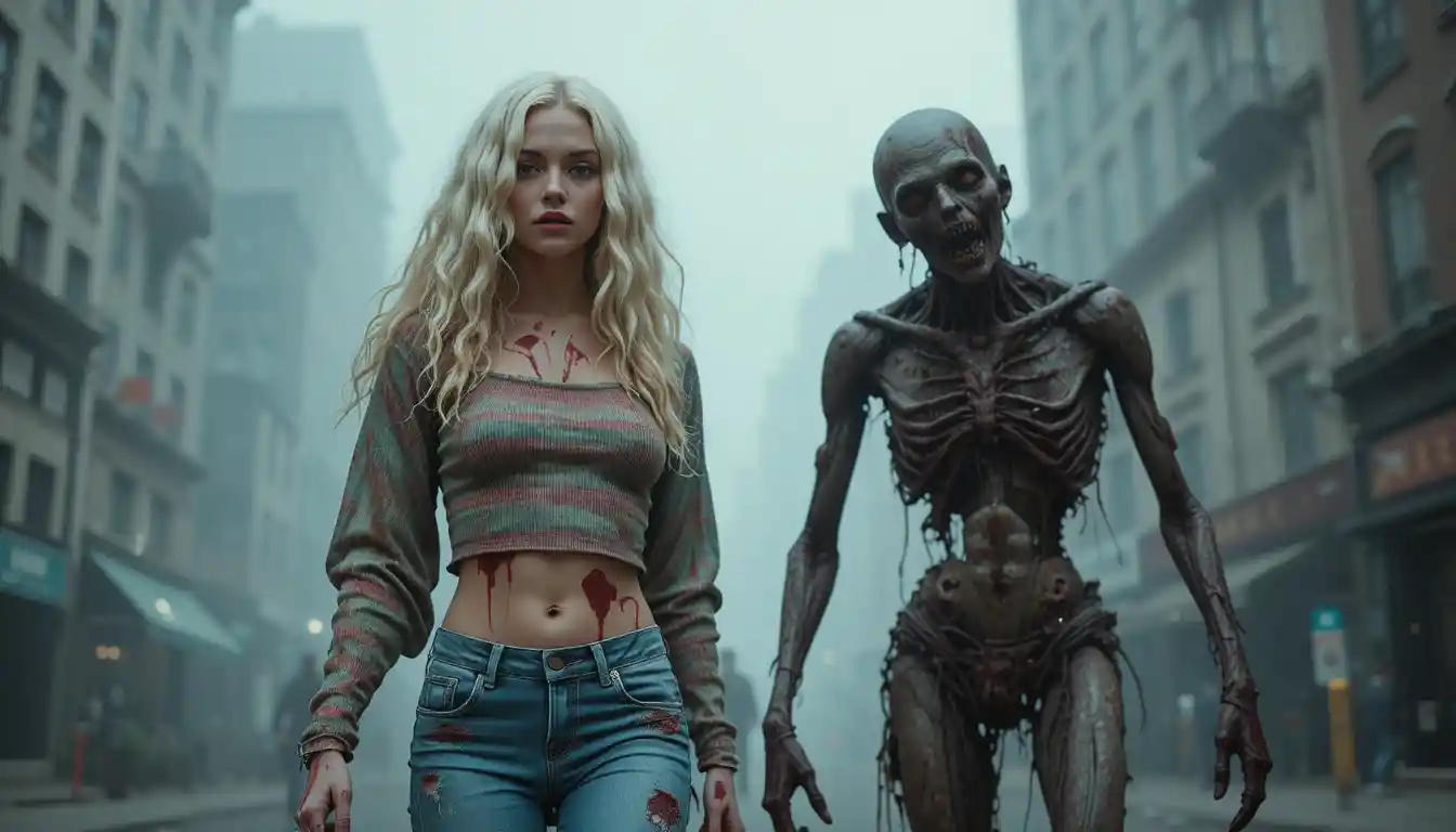 Blonde Frau im blutigen Crop-Top neben Zombie in nebliger Stadt