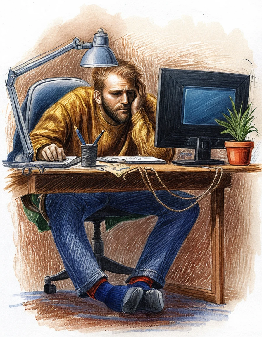 Pessoa cansada em uma mesa aconchegante trabalhando no computador
