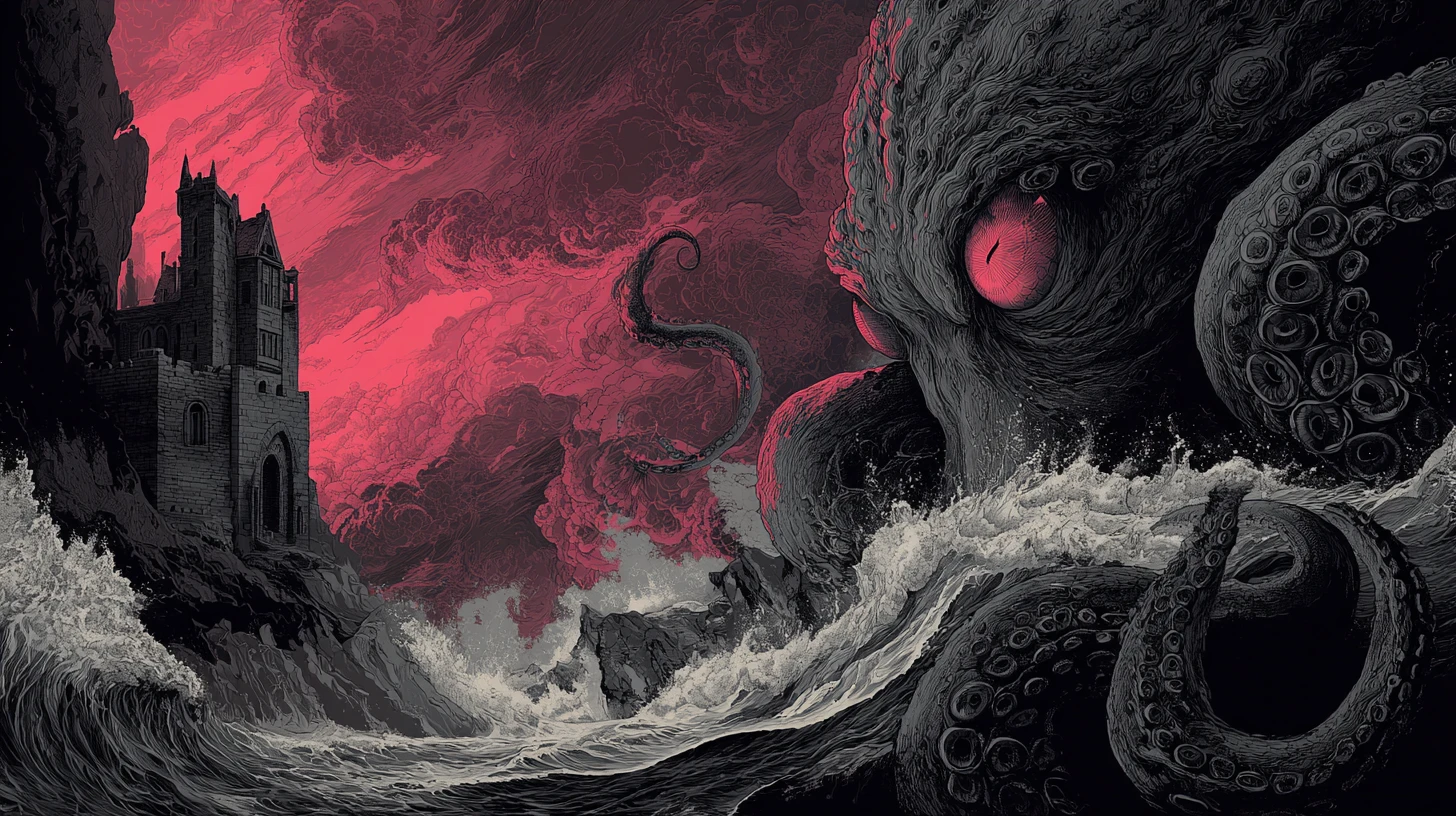 Ancient sea monster rising before a ruined gothic castle