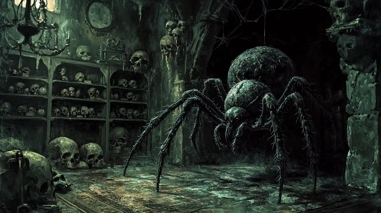 Riesige giftige Spinne, die in einer Ecke eines Spukhauses lauert