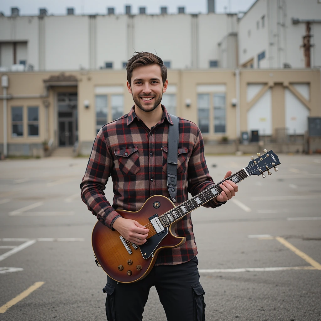 Man with electric guitar in industrial parking lot