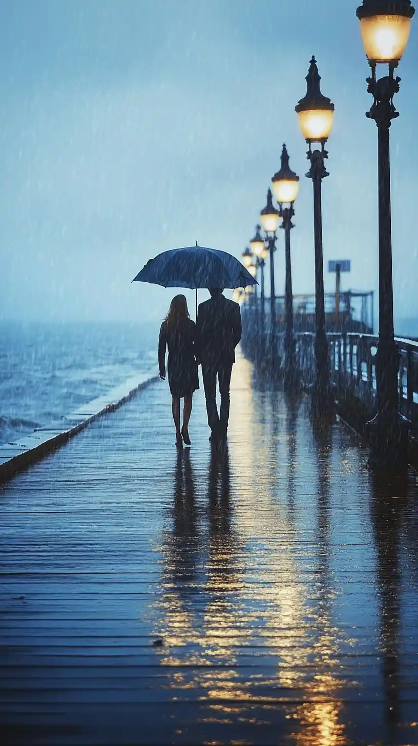 Couple Walking Under Umbrella On Rainy Seaside Boardwalk