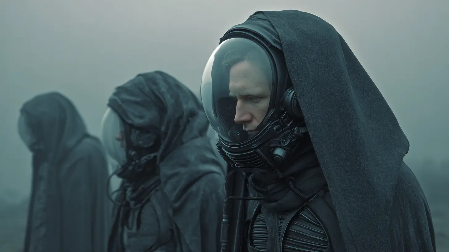 Soldati templari sci-fi in armatura cyberpunk su una torre di guardia