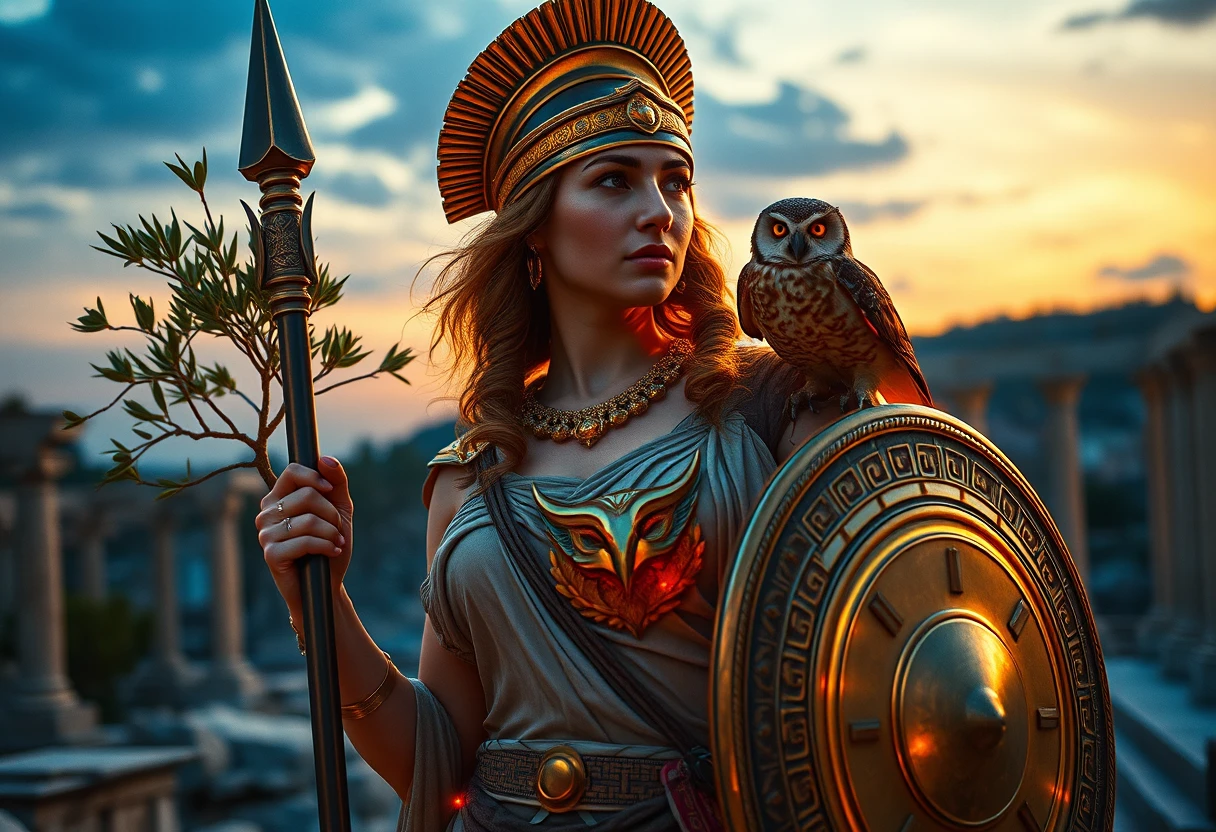 Mythic warrior goddess in ruins at twilight