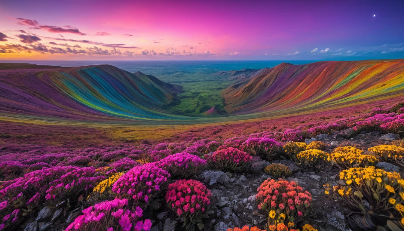 Colorful alien planet with swirling multicolored sky
