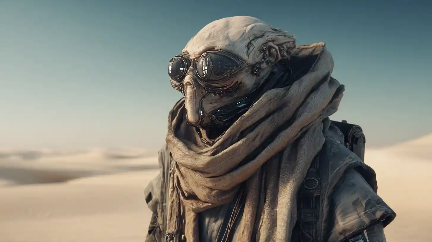 Bald sci fi man with respirator mask in desert night