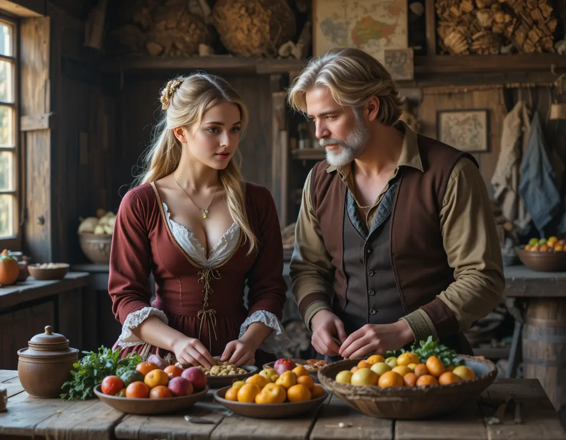 Giovane donna medievale in cucina rustica con contadino