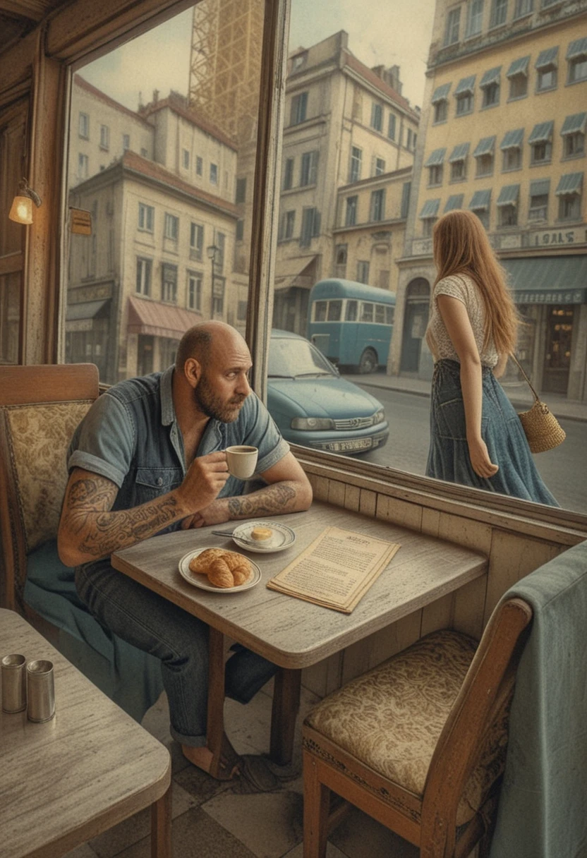 Tattooed man alone in a vintage diner with coffee
