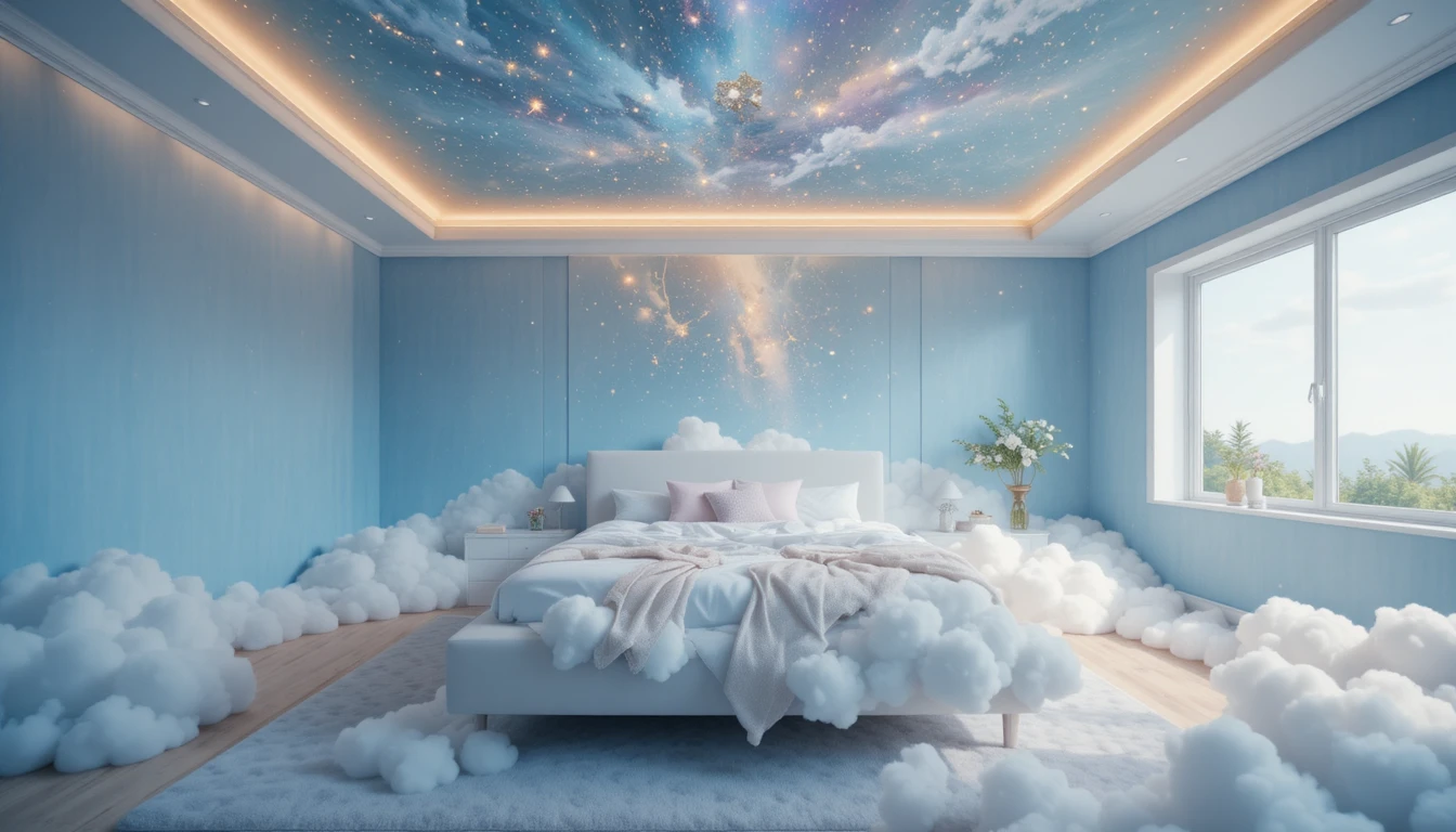 Cama de nuvem dos sonhos em um quarto azul‑céu sereno