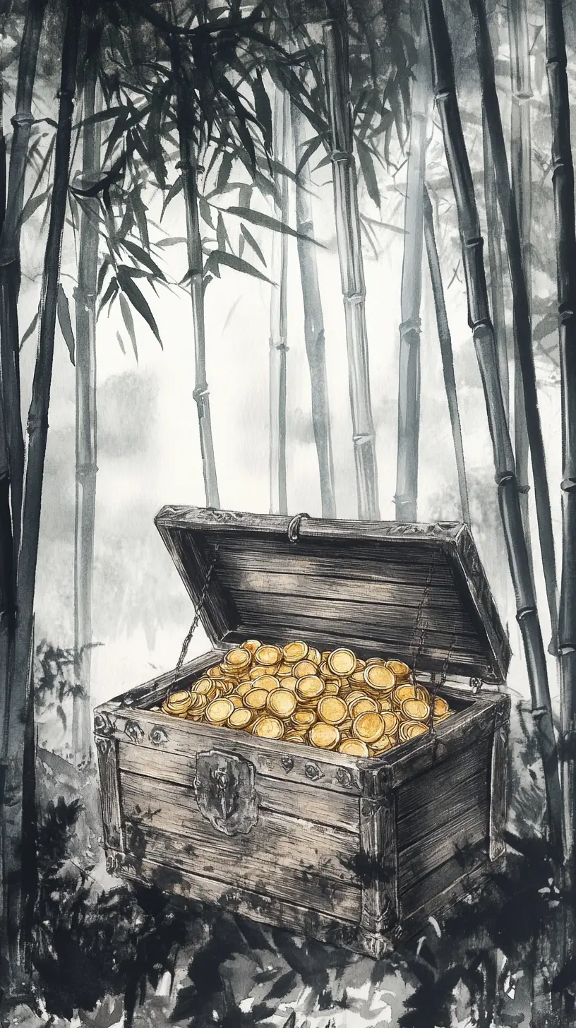 Ink Wash Treasure Chest In A Misty Bamboo Forest