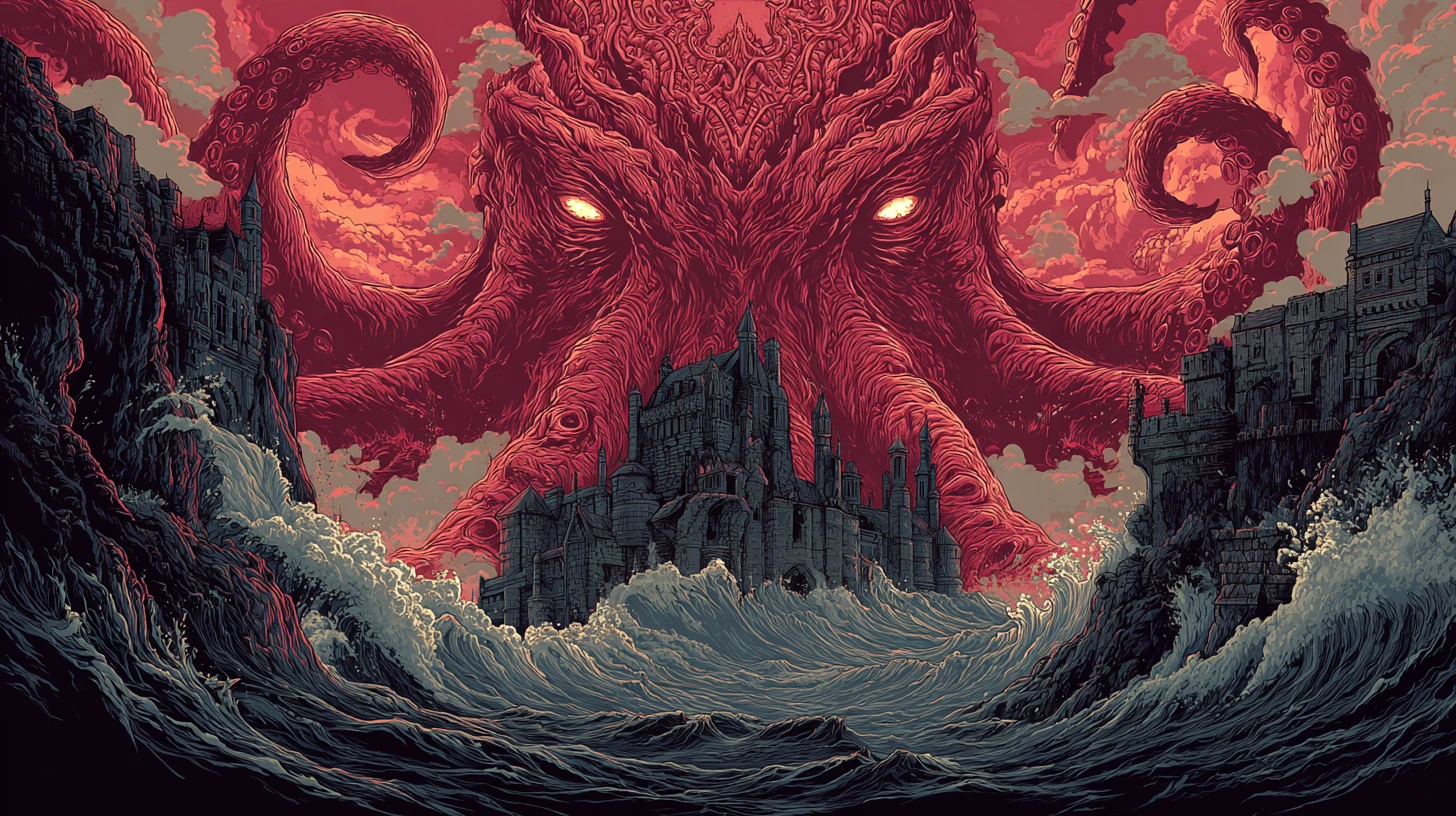 Ancient kraken rising from a stormy sea before ruins