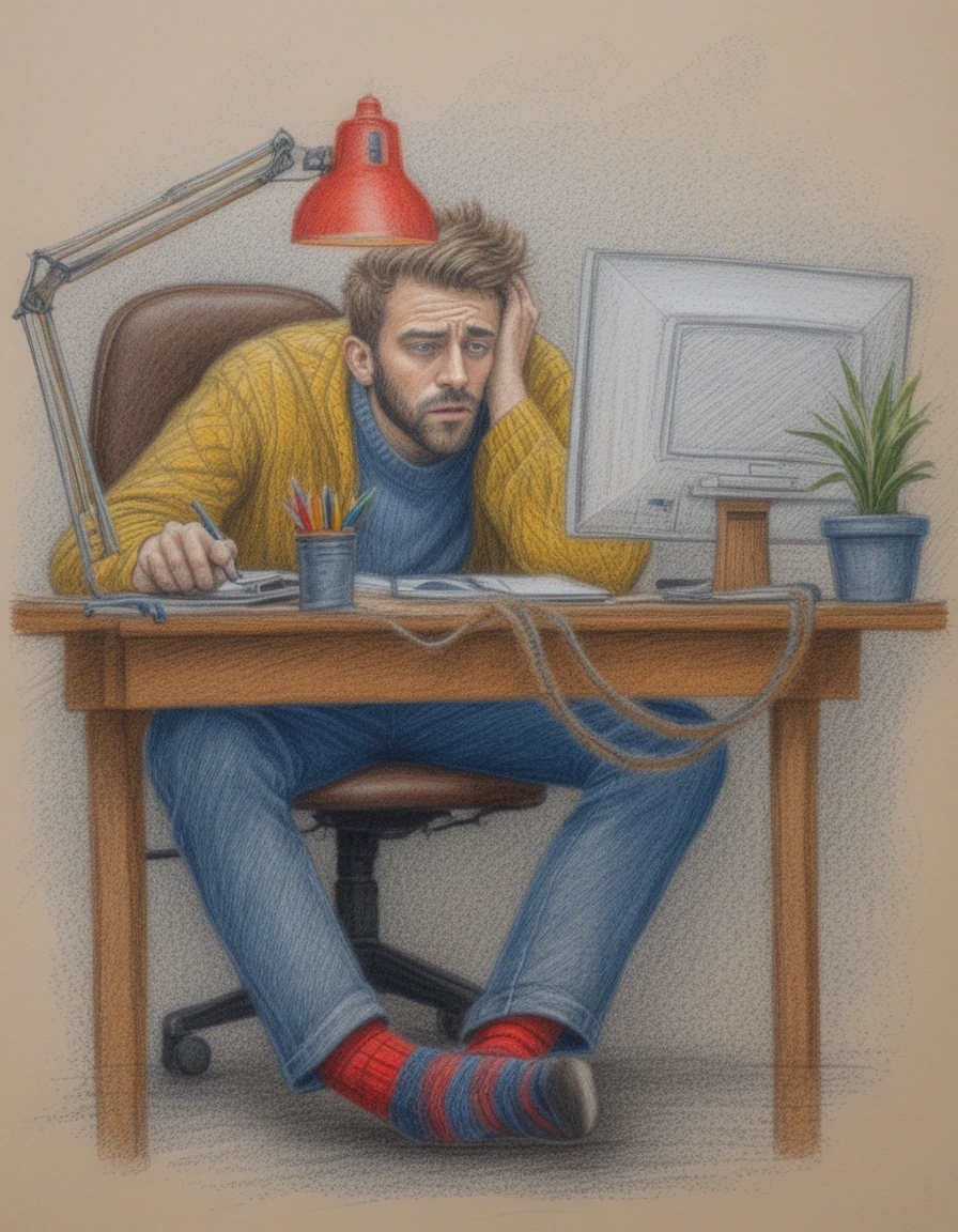 Personne fatiguée à un bureau chaleureux travaillant sur ordinateur
