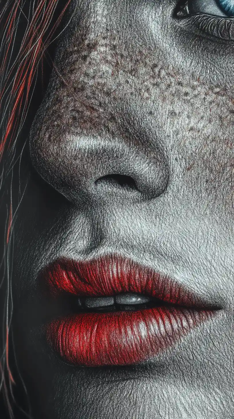 Realistic graphite portrait with blue eyes and red lips