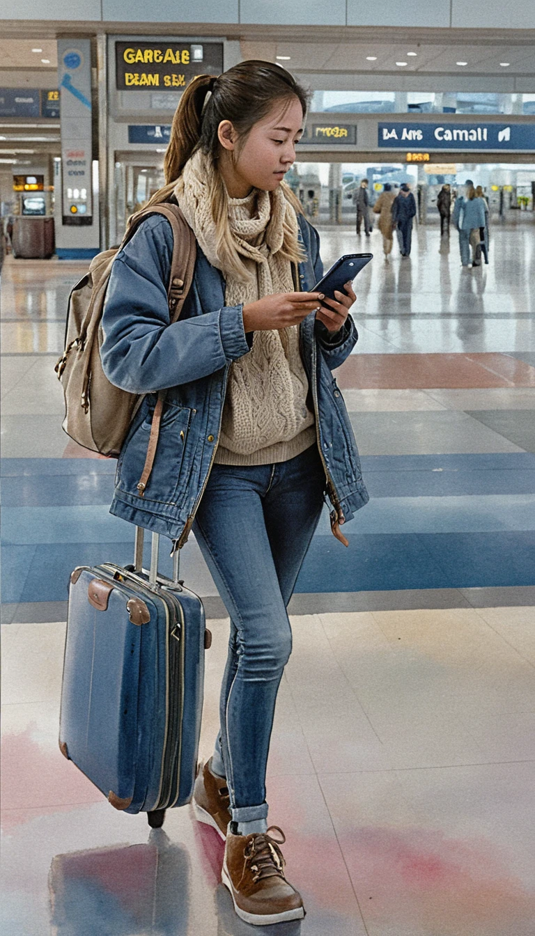 Young woman with suitcase walking through busy airport terminal