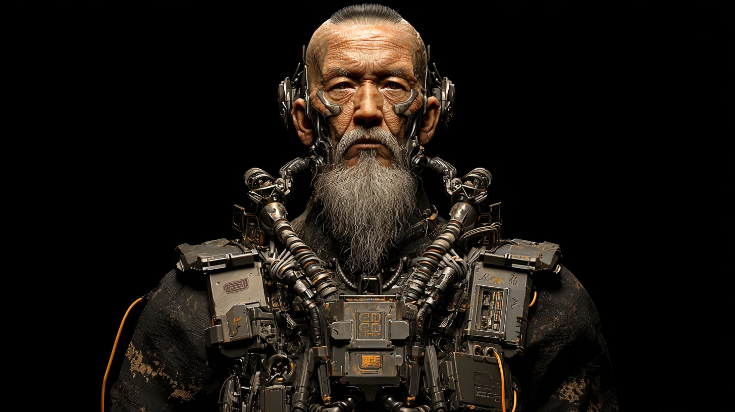 Comandante cyborg cyberpunk incanutito con collo meccanico