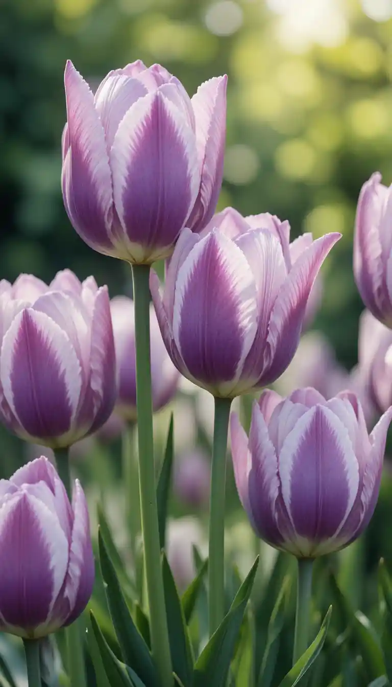Purple and white tulips in a lush green garden illustration