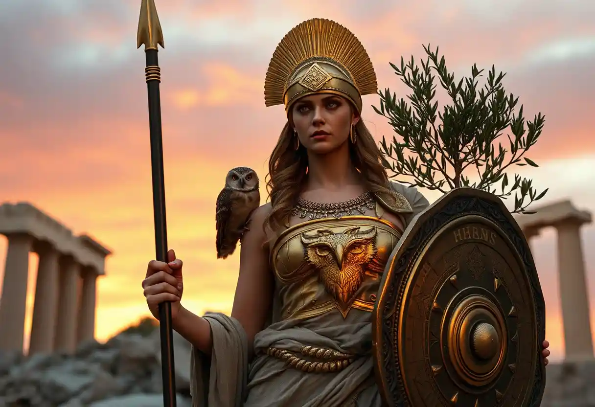 Athena goddess portrait amid ruins at twilight