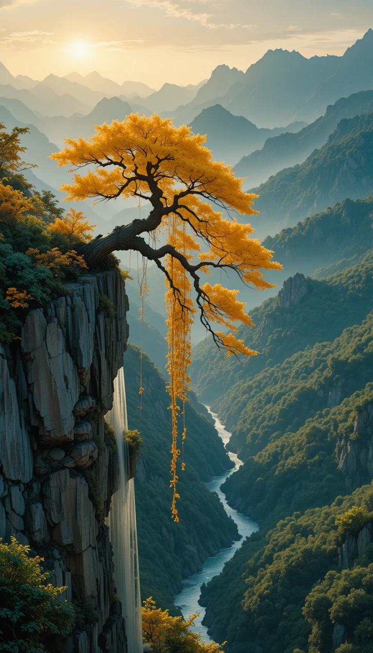 Goldener Bonsai-Baum, der eine zerklüftete Bergklippe hinabfließt