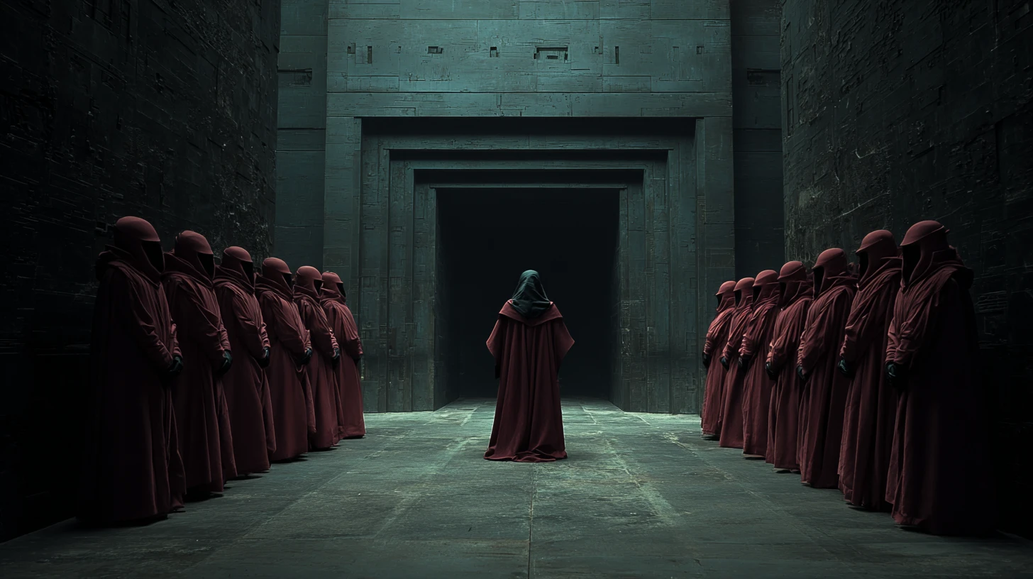 Noble sci fi baroness with guards inside a spaceship palace