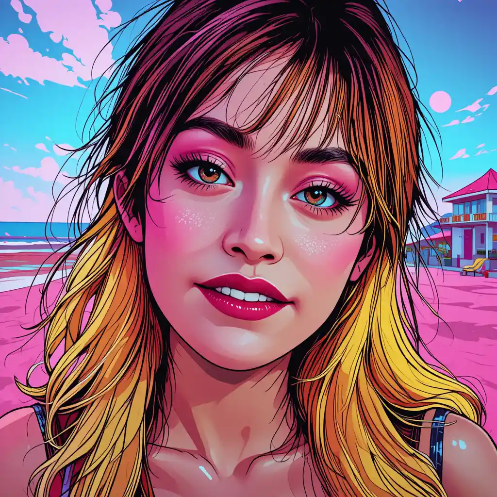 Smiling pop art woman with blonde hair at neon beach