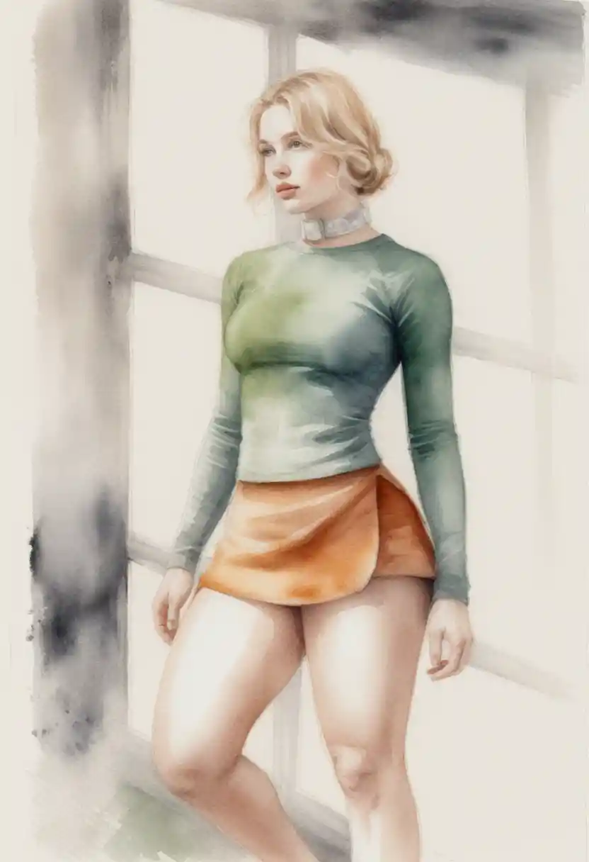 Jeune femme devant une fenêtre au style crayon de couleur