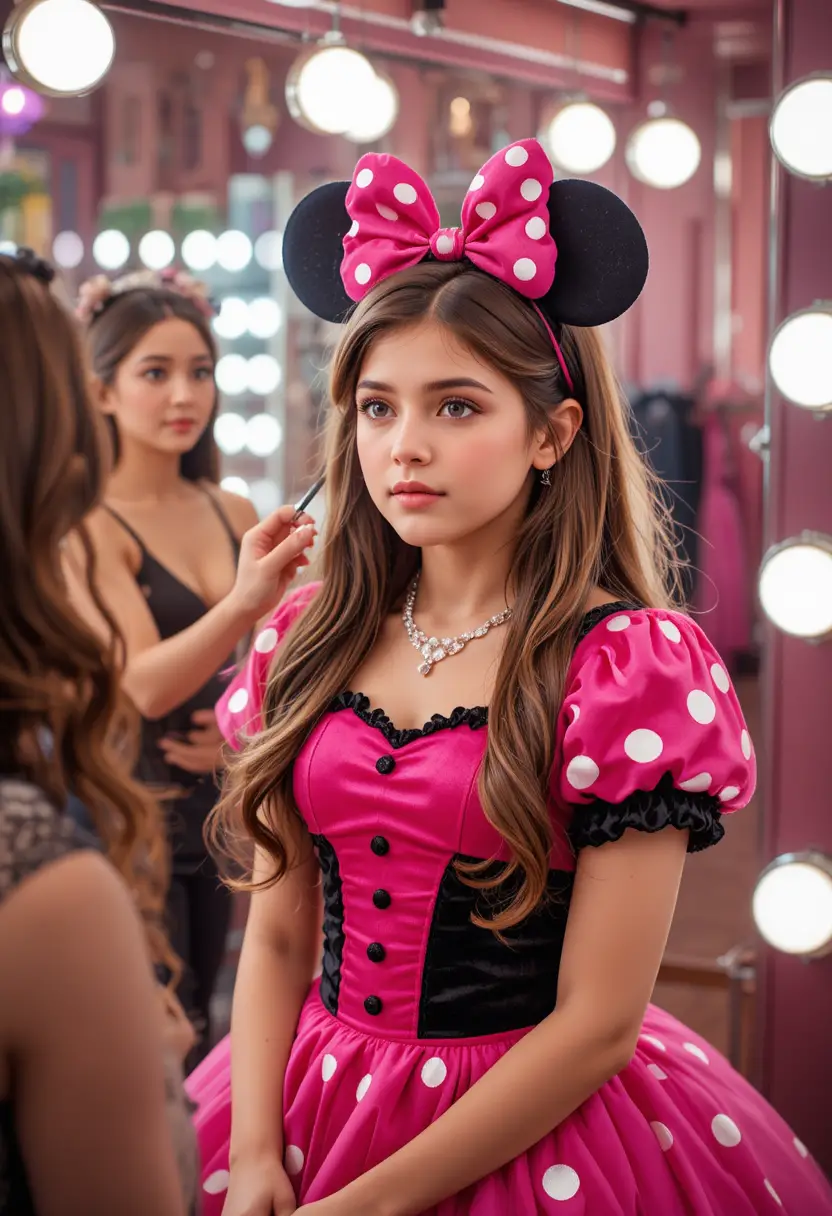 Apprehensive boy in pink Minnie dress at boutique vanity