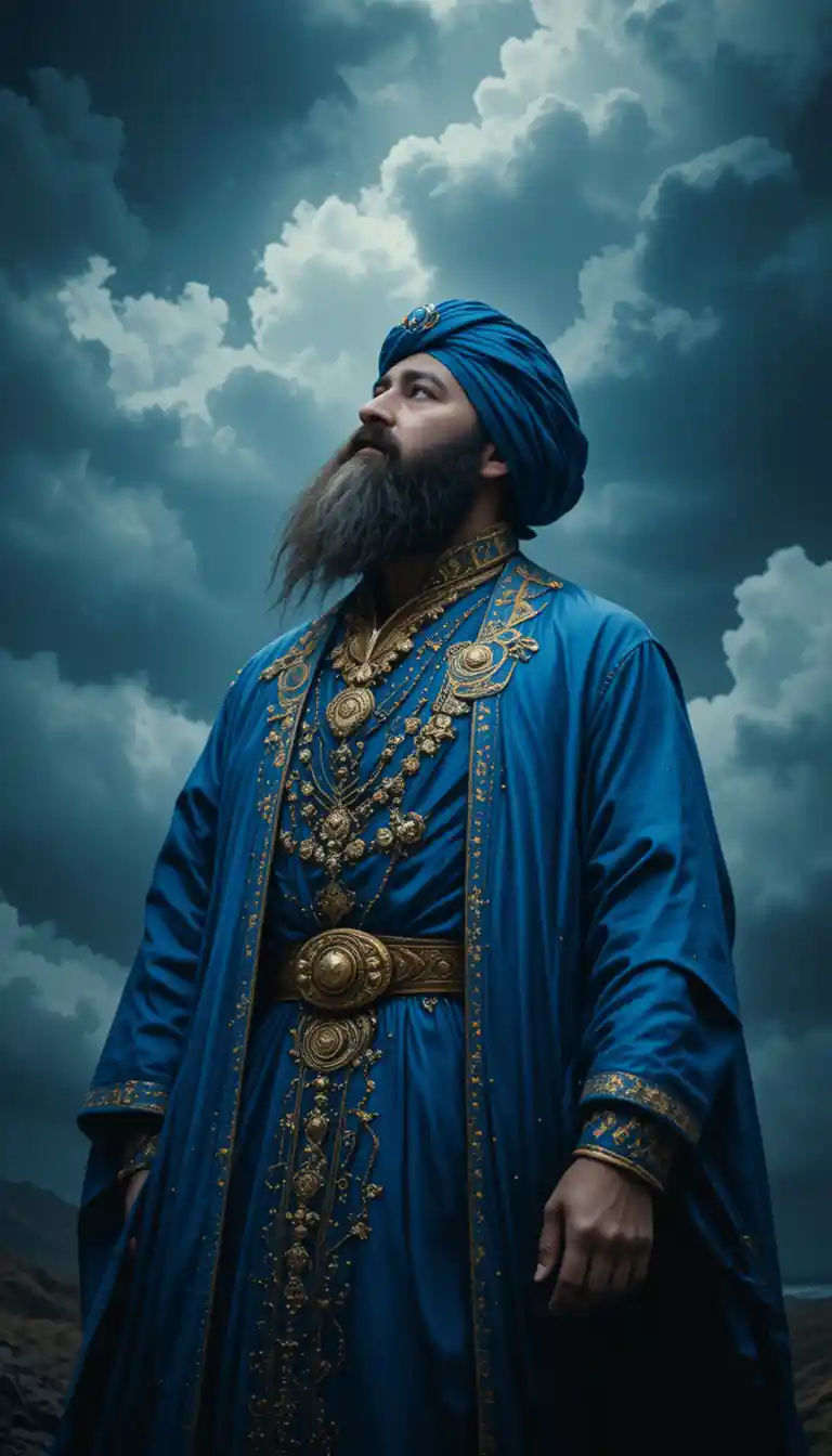 Uomo in veste blu che guarda verso l’alto sotto un cielo tempestoso e drammatico