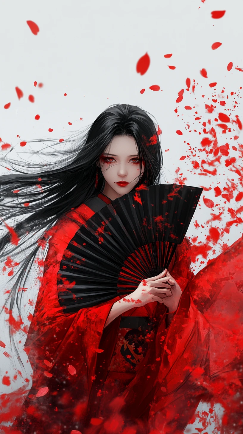 Donna in kimono rosso con ventaglio in dinamico stile manga