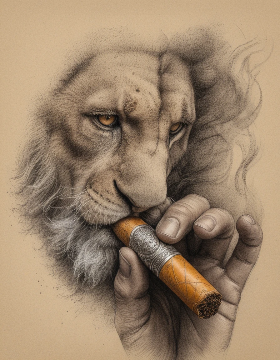 Mature man smoking a cigar in intense close up portrait